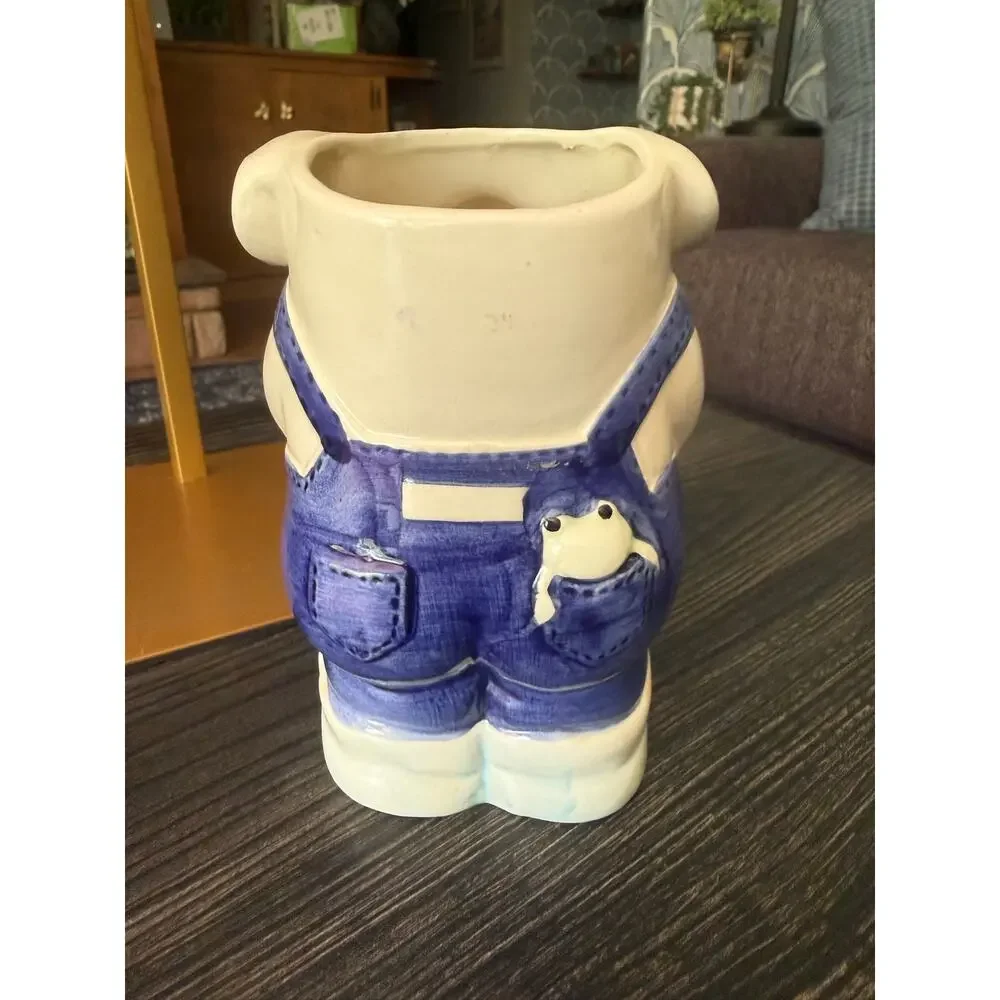 Vintage 1980s Enesco Ceramic County Fair Pig in Overalls Vase Sz. 6in